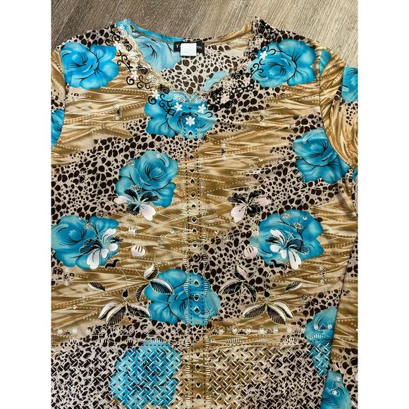 Vtg 2-Piece Top & Pants Pantsuit Aqua Flower Floral Set Stretch T-C Fashion SZ L - Picture 2 of 10